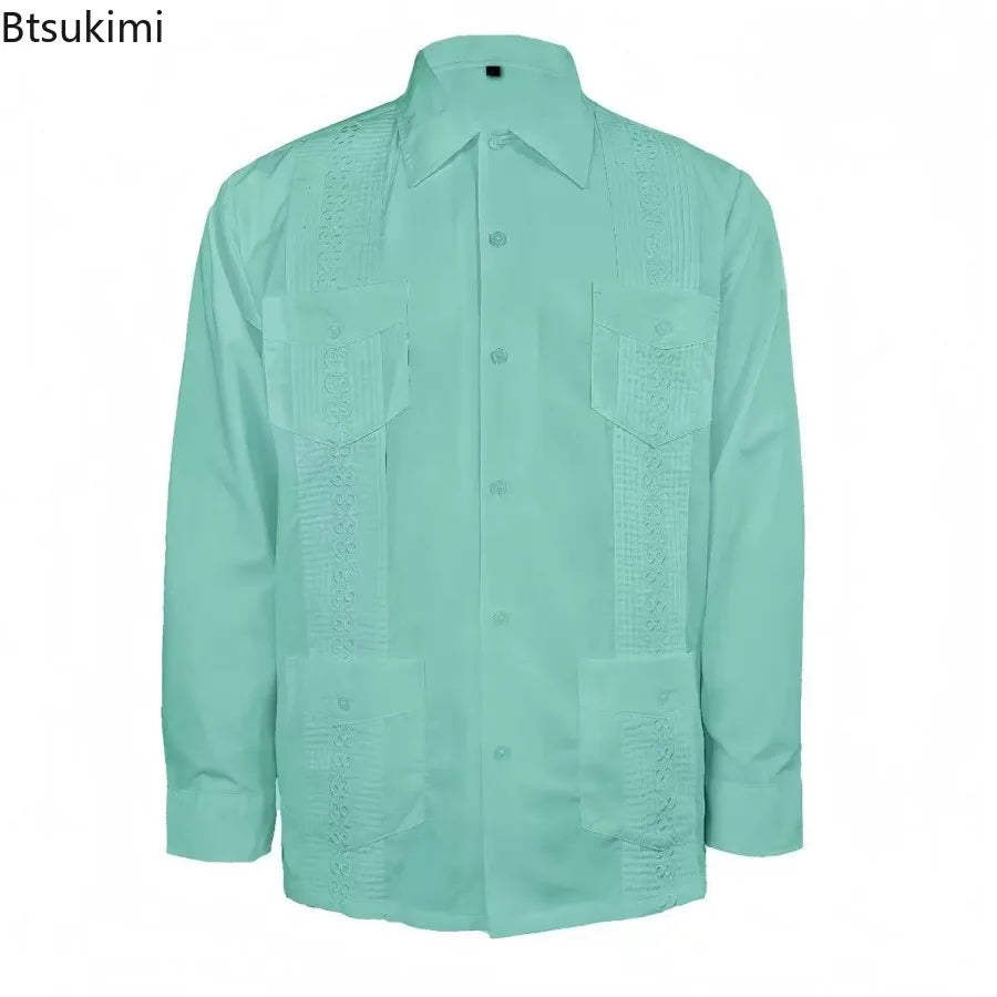 2025 Men's Cuban Guayabera Shirts Solid Long Sleeve Button Up Embroidery Dress Shirts Traditional Casual Four Pockets Tops
