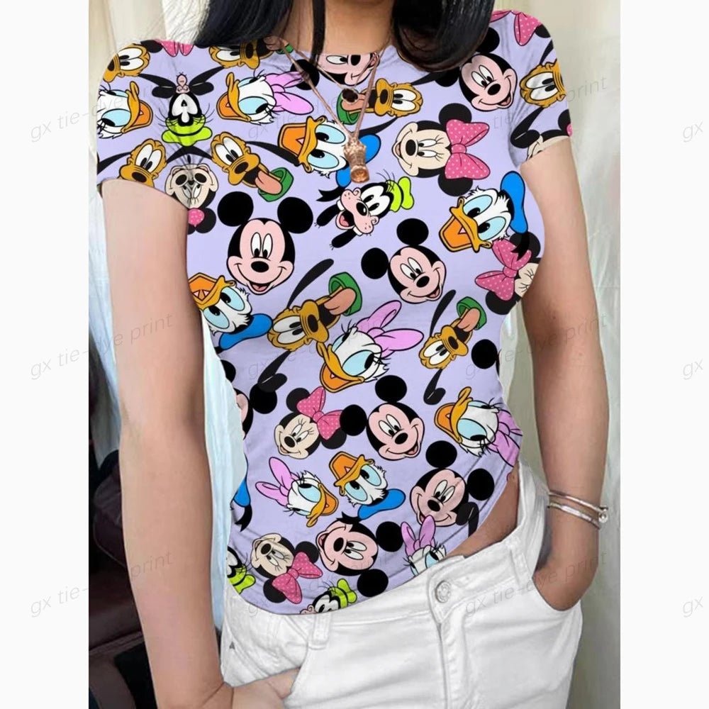 2024 Summer New Short Sleeve T-Shirt Women Mickey Mouse Print Simple Casual Soft All-Match Basic Tops Tees Summer Fashion