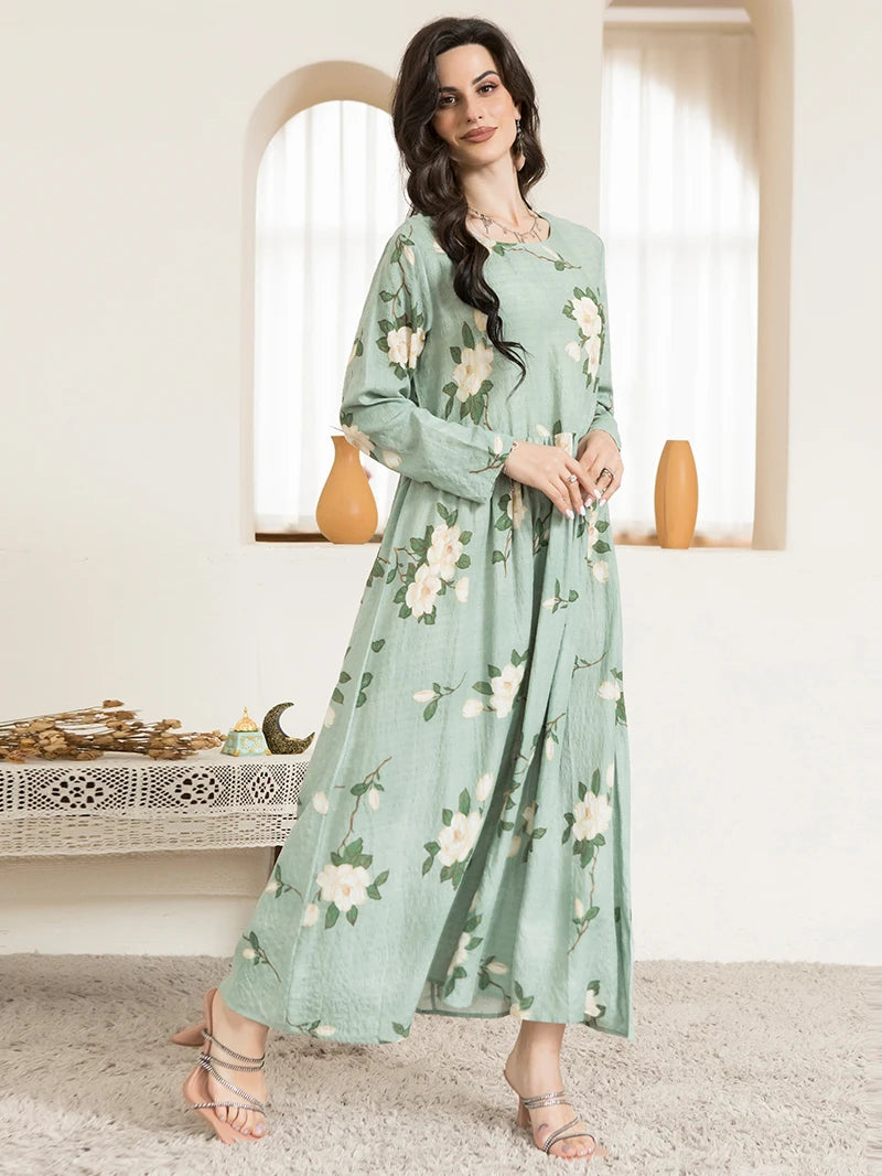 Casual Round Neck Floral Print Long Dress Mint Green for Women Stylish Regular Sleeve Spring Fashion