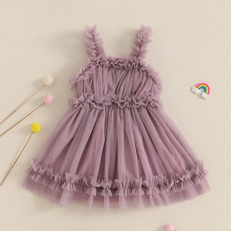 Lioraitiin Toddler Girl Summer Tulle Dress Solid Color Sleeveless Casual Mesh Ruffled A Line Dress for Ages 1 to 3 Years