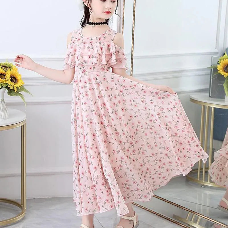 Girls Sweet Flower Princess Dress Summer Puff Sleeve Floral Casual Dress Korean Fashion Children's Clothing