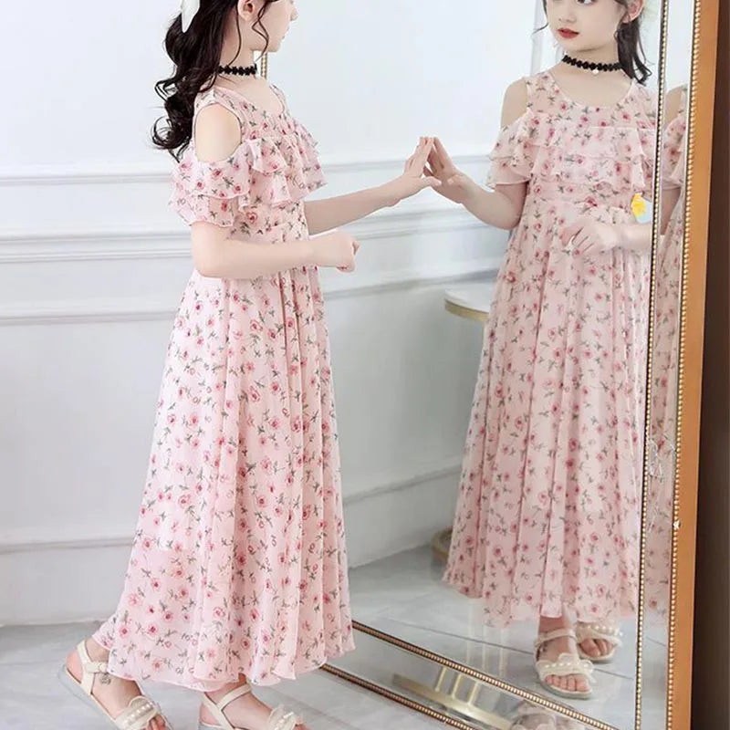 Girls Sweet Flower Princess Dress Summer Puff Sleeve Floral Casual Dress Korean Fashion Children's Clothing