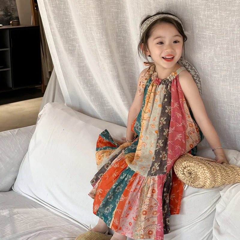 Girls Casual Dresses Floral Print Halter Sleeveless Top Dress