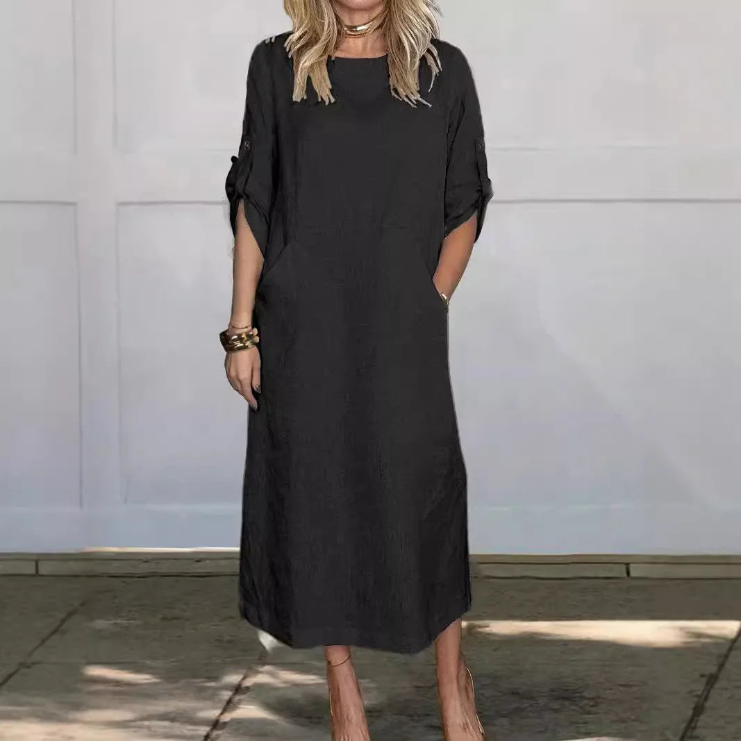 Women's Spring Solid Color Linen Dress Big Pocket Splic Short Sleeve Elegant Dress Summer Casual Long Dresses Daily Comfy Robe
