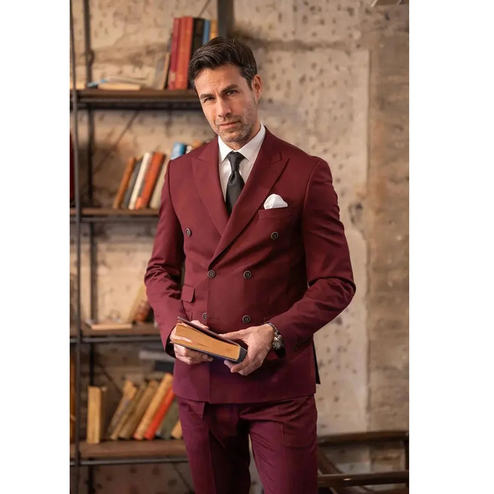 Luxury Men Suits Elegant Wedding Groomsmen Outfits Double Breasted Peak Lapel Slim Fit High Quality 2 Piece Jacket Pants Set