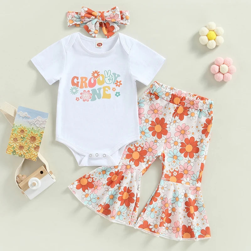 Lioraitiin Toddler Baby Girls 3Pcs Outfit Set White Short Sleeve Letter Print Romper Floral Flared Pants 0-3 Years