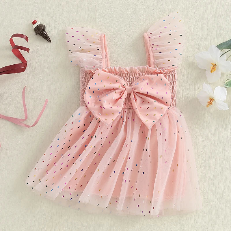 Pudcoco Toddler Girls Summer Tulle Dress Flying Sleeve Big Bow A-Line Dress for Ages 6 Months to 4 Years