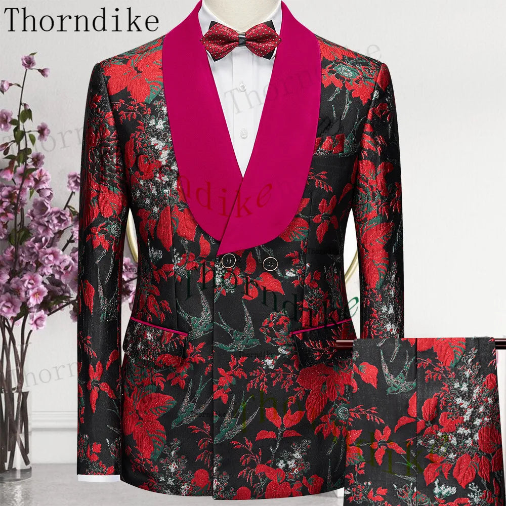Thorndike 2023 New Design Burgundy Suits for Men 2 Piece Blazer Set Casual Double Breasted Travel Wear Jacket and Pant