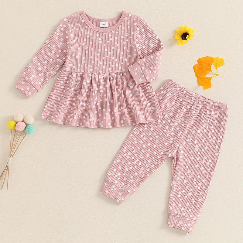 Lioraitiin Toddler Girl Fall Outfits 2Pcs Set Floral Print Long Sleeve Top and Elastic Waist Long Pants 1-5Y