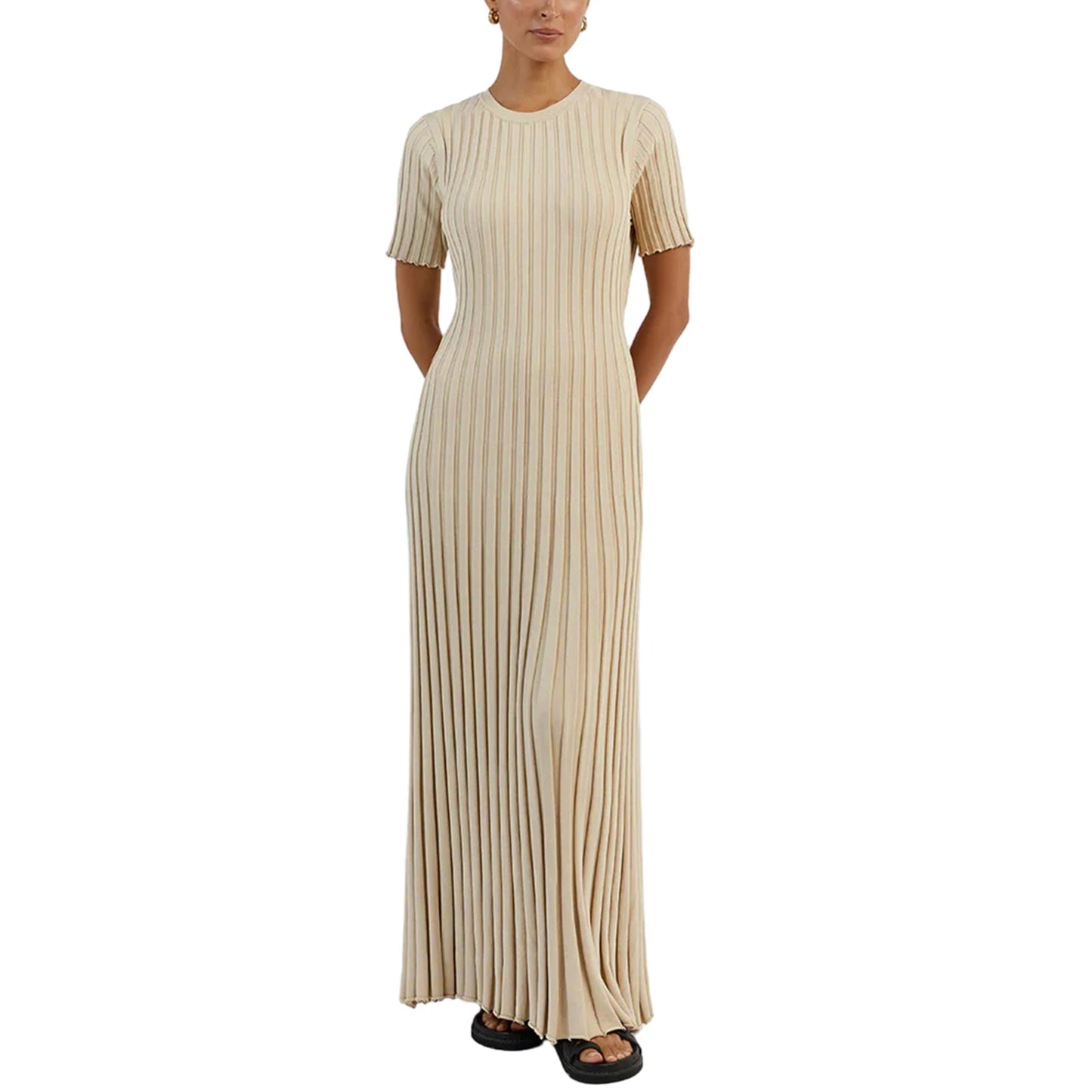 Women Fashion Long Velvet Dress Solid Color Round Neck Short Sleeve Summer Tie Up Party Rib Knit Ankle Length Dress