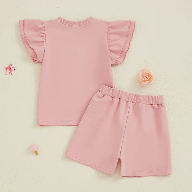 Lioraitiin Baby Girls Summer Outfits Short Sleeve O Neck Letter Embroidery Tops Solid Color Shorts Sets 1-3 Years