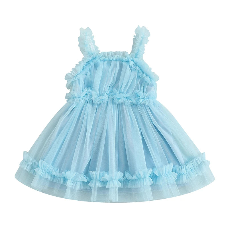 Lioraitiin Toddler Girl Summer Tulle Dress Solid Color Sleeveless Casual Mesh Ruffled A Line Dress for Ages 1 to 3 Years