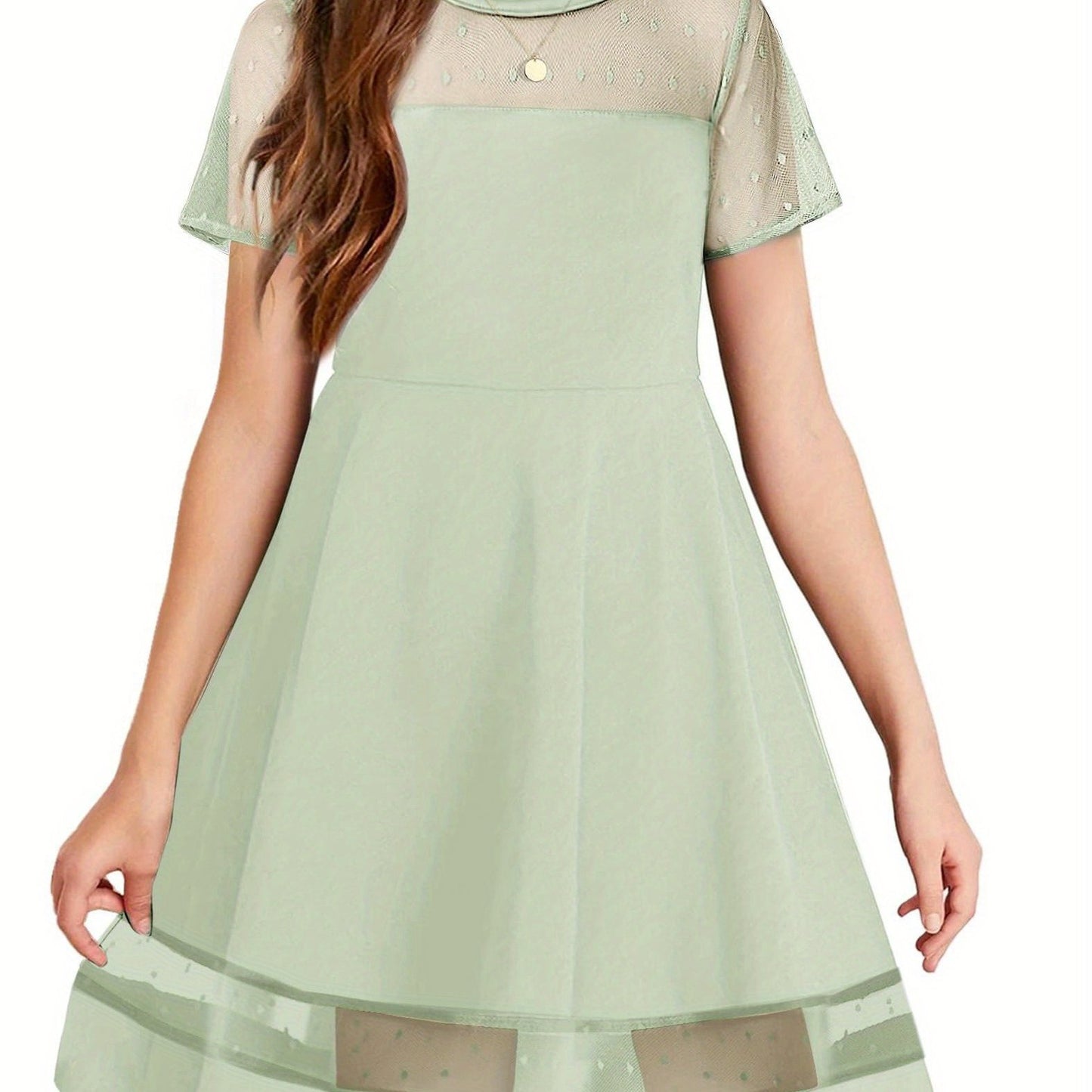 Tween Girls  Contrast Mesh Short Sleeve A Line Party Dresses with Pockets for 5-12 Years