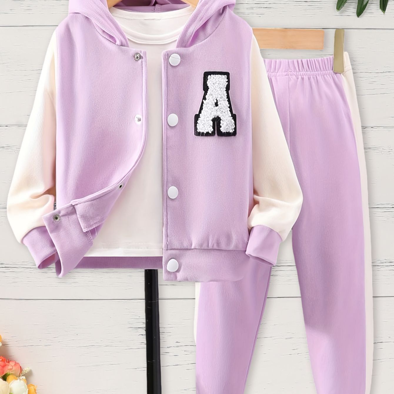 Girl's 2pcs Outfit: Purple & White Hooded Varsity Jacket with Letter "A" Patch & Corduroy Sweatpants