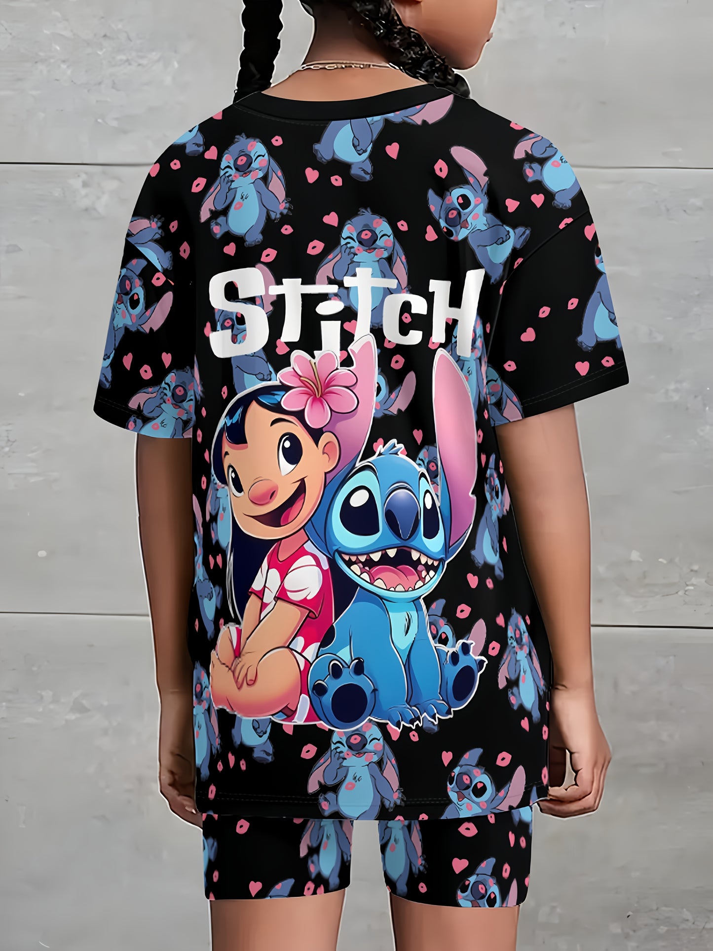Licensed Stitch Girls Summer Set with Cool Print Loose Fit T-Shirt and Shorts Perfect for Outdoor Activities Machine Washable