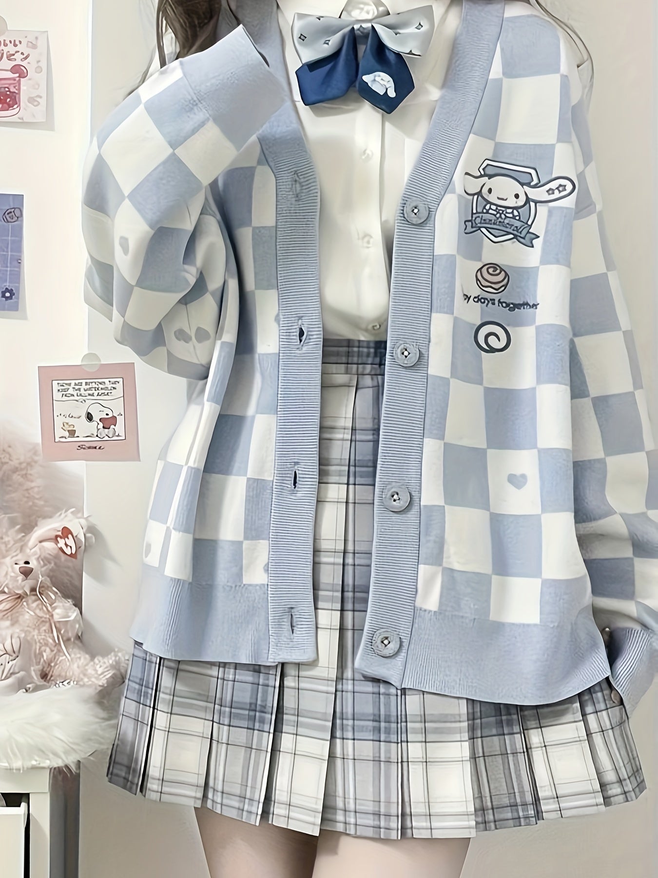 Cute Sanrio Cinnamoroll Light Blue Plaid Cardigan Sweater