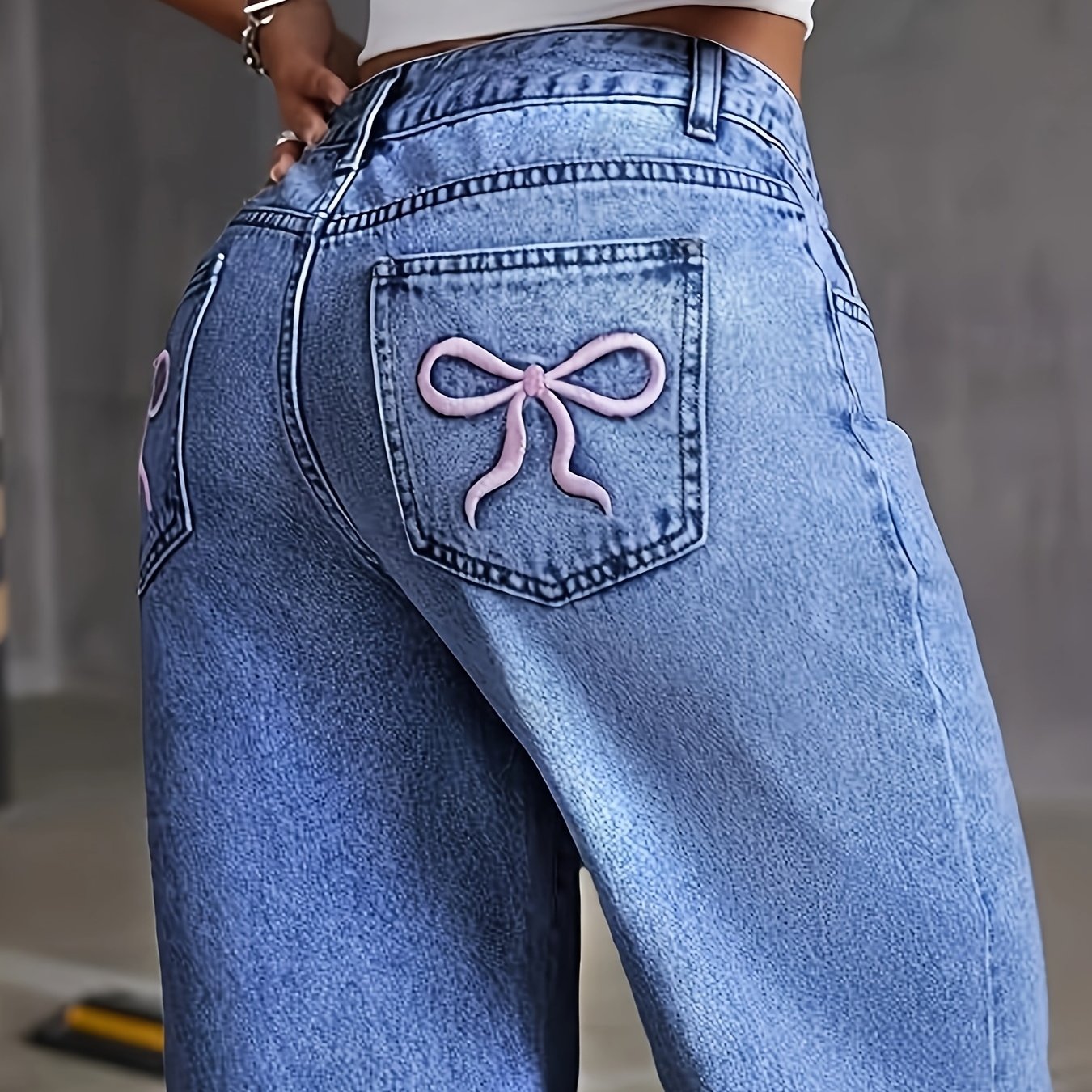Womens Embroidered Bow Washed Jeans Straight Jeans For Women High Waist Loose Wide Leg Pants Casual Outing Trousers