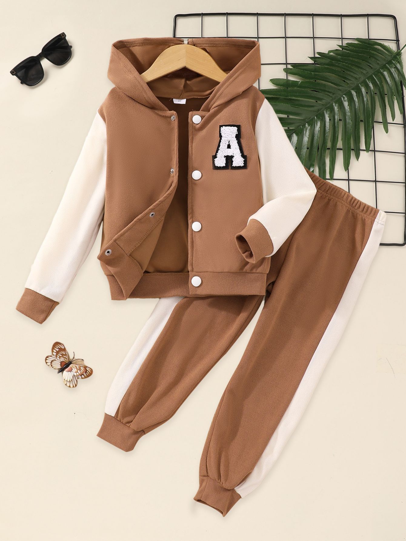 Girl's 2pcs Outfit: Purple & White Hooded Varsity Jacket with Letter "A" Patch & Corduroy Sweatpants