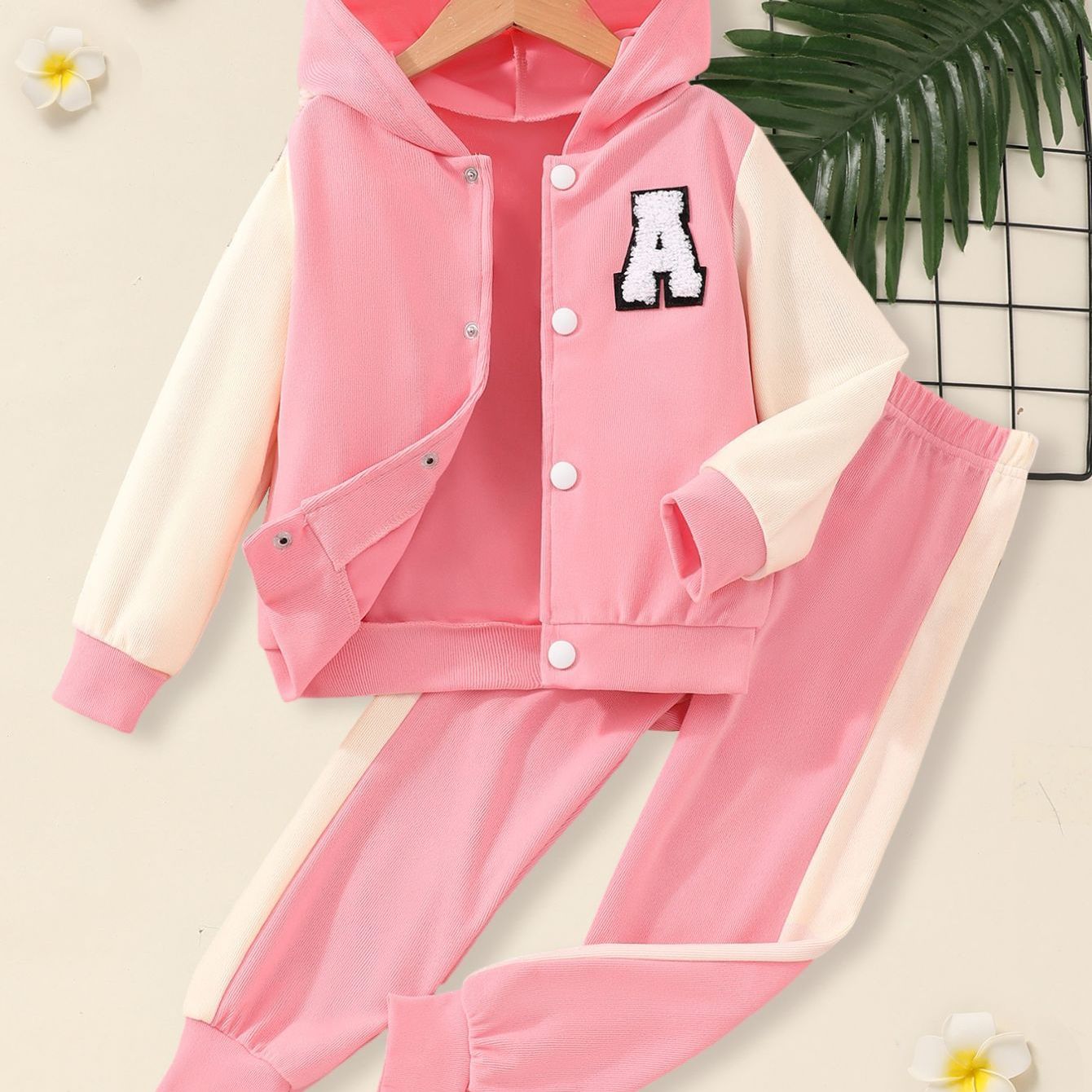 Girl's 2pcs Outfit: Purple & White Hooded Varsity Jacket with Letter "A" Patch & Corduroy Sweatpants
