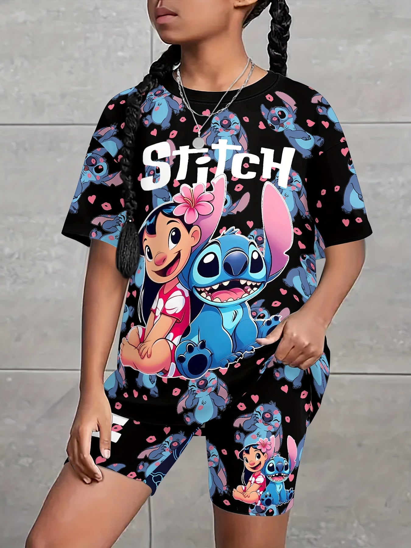 Licensed Stitch Girls Summer Set with Cool Print Loose Fit T-Shirt and Shorts Perfect for Outdoor Activities Machine Washable