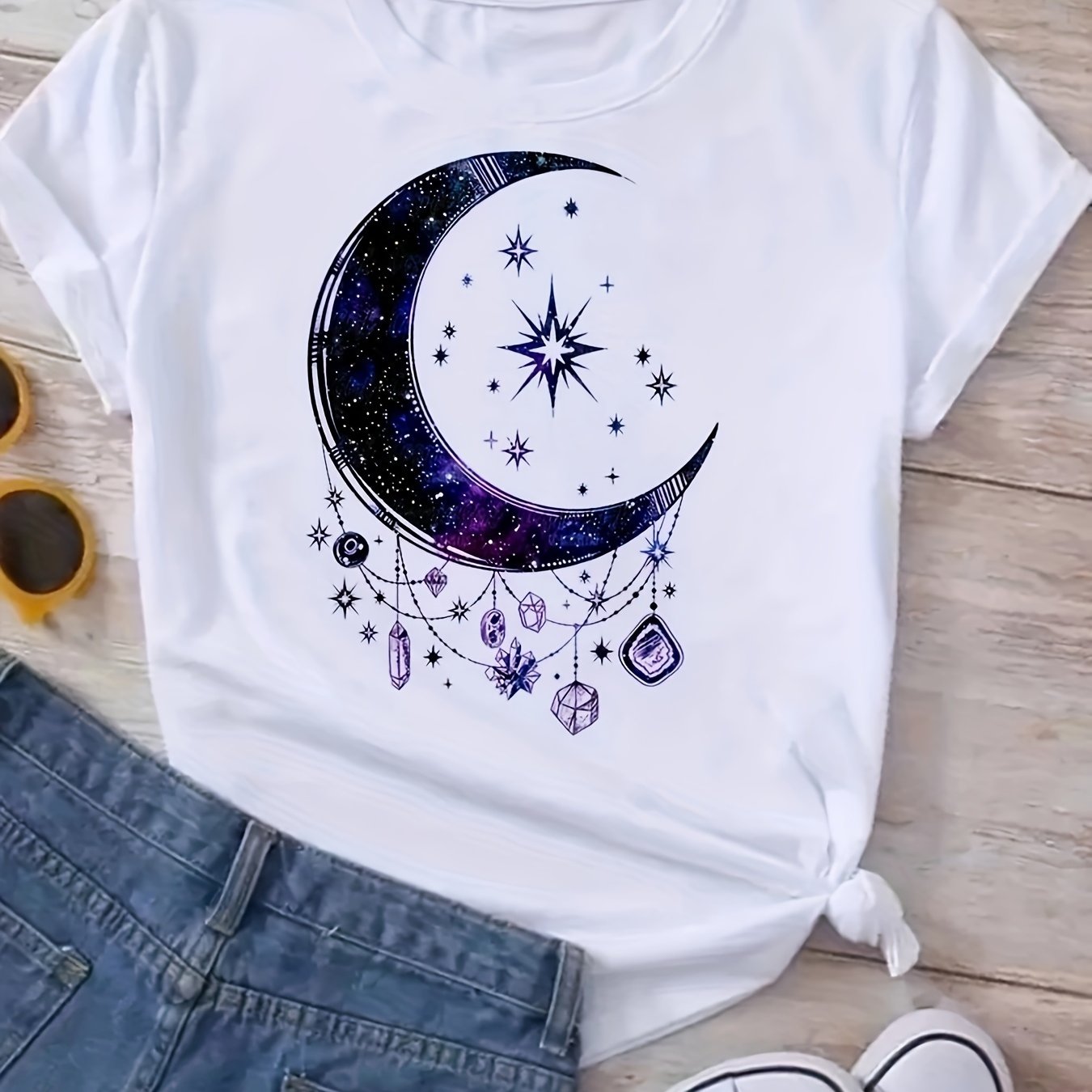 Girls's Moon & Planet Print Tee - Casual Cotton Crew Neck Short Sleeve Shirt