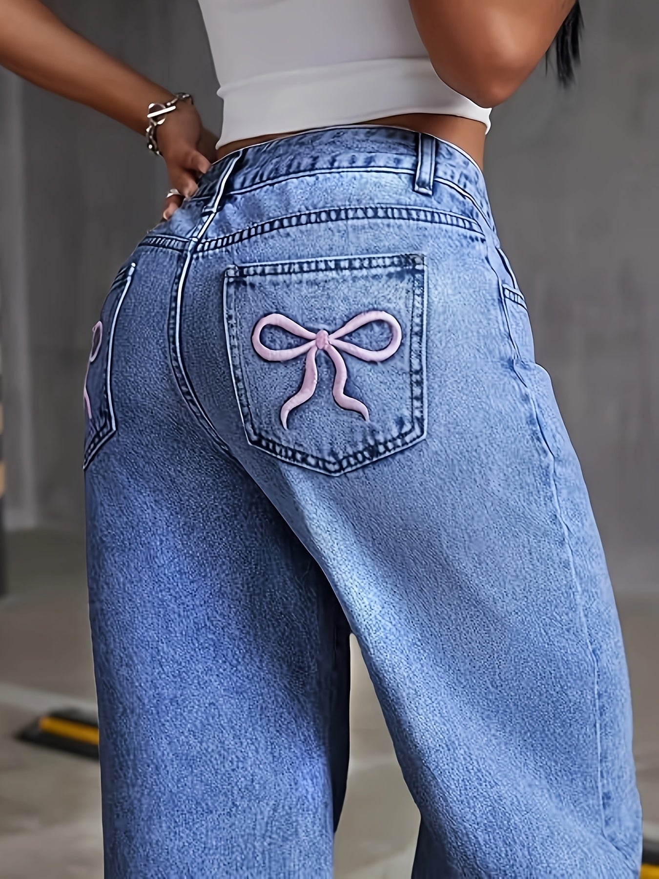Womens Embroidered Bow Washed Jeans Straight Jeans For Women High Waist Loose Wide Leg Pants Casual Outing Trousers