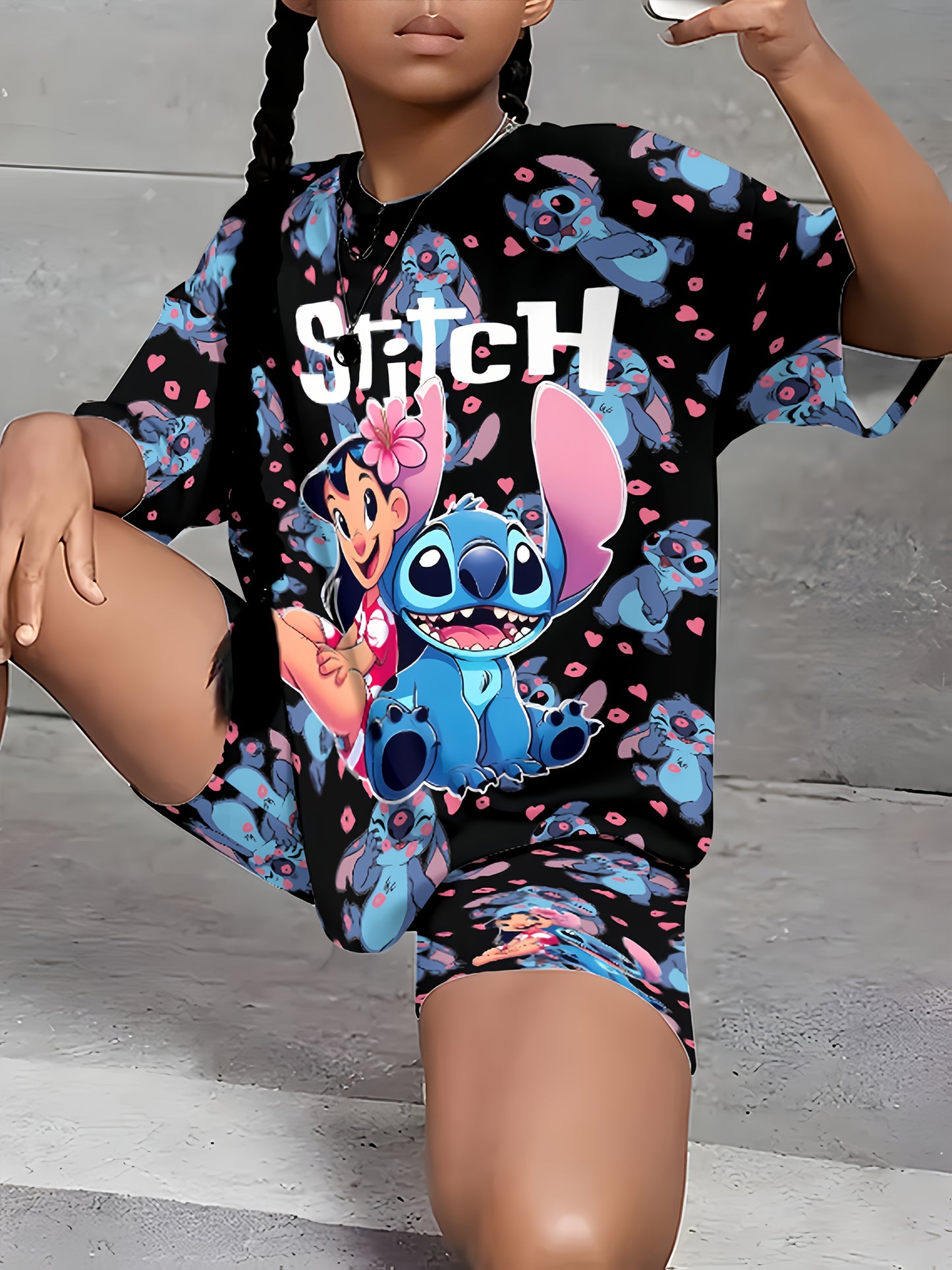 Licensed Stitch Girls Summer Set Loose Fit T-Shirt And Shorts With Cool Print And Flowers Perfect For Outdoor Activities