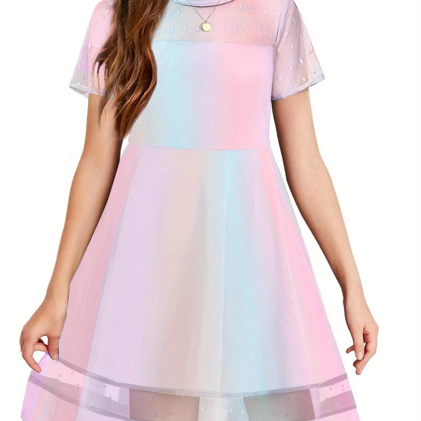 Tween Girls  Contrast Mesh Short Sleeve A Line Party Dresses with Pockets for 5-12 Years