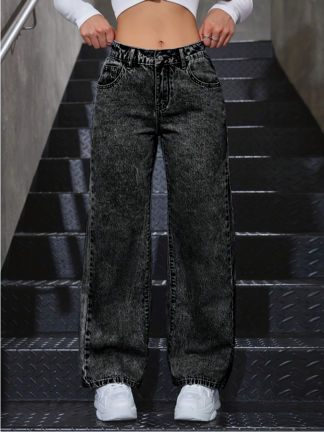 Womens Embroidered Bow Washed Jeans Straight Jeans For Women High Waist Loose Wide Leg Pants Casual Outing Trousers