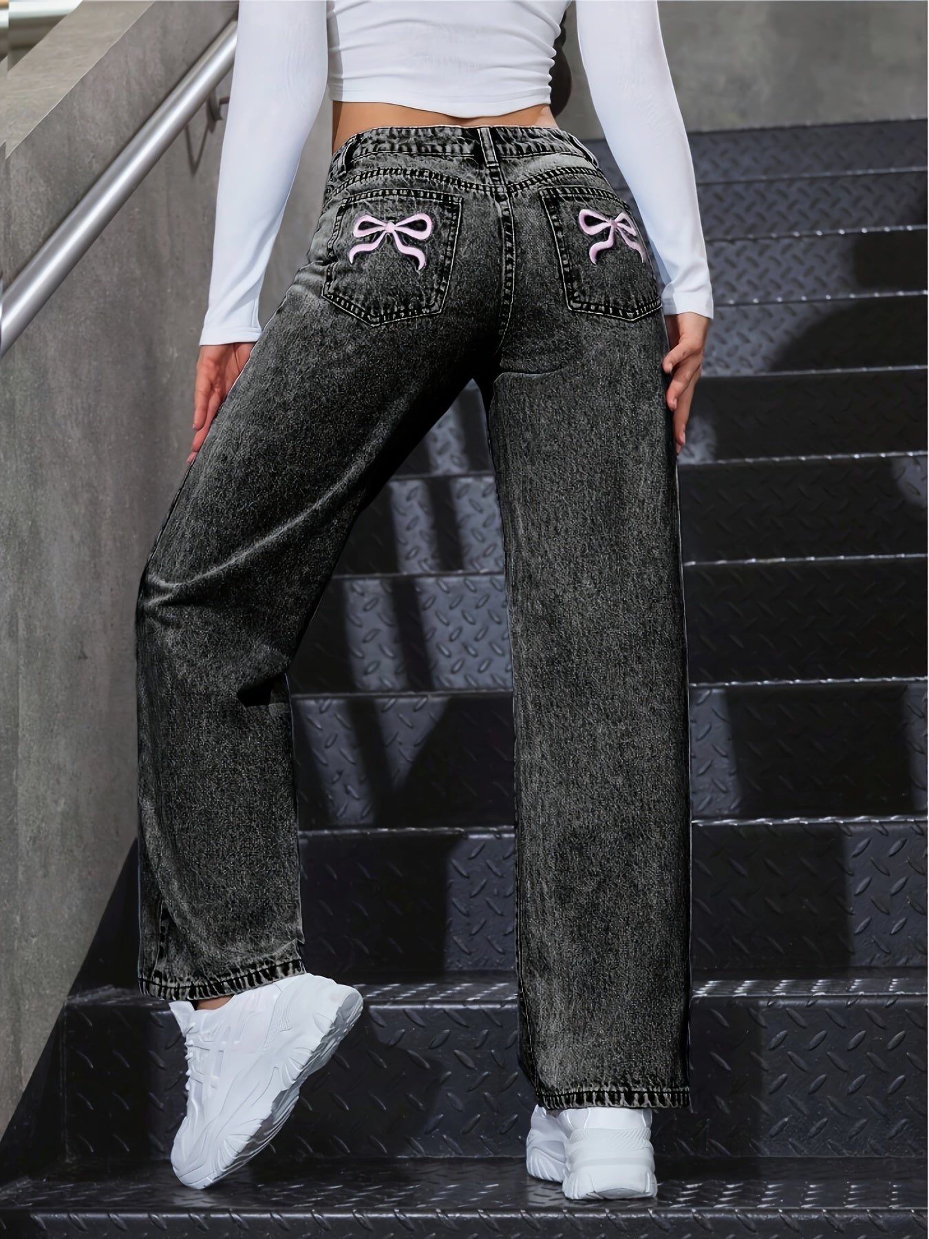 Womens Embroidered Bow Washed Jeans Straight Jeans For Women High Waist Loose Wide Leg Pants Casual Outing Trousers