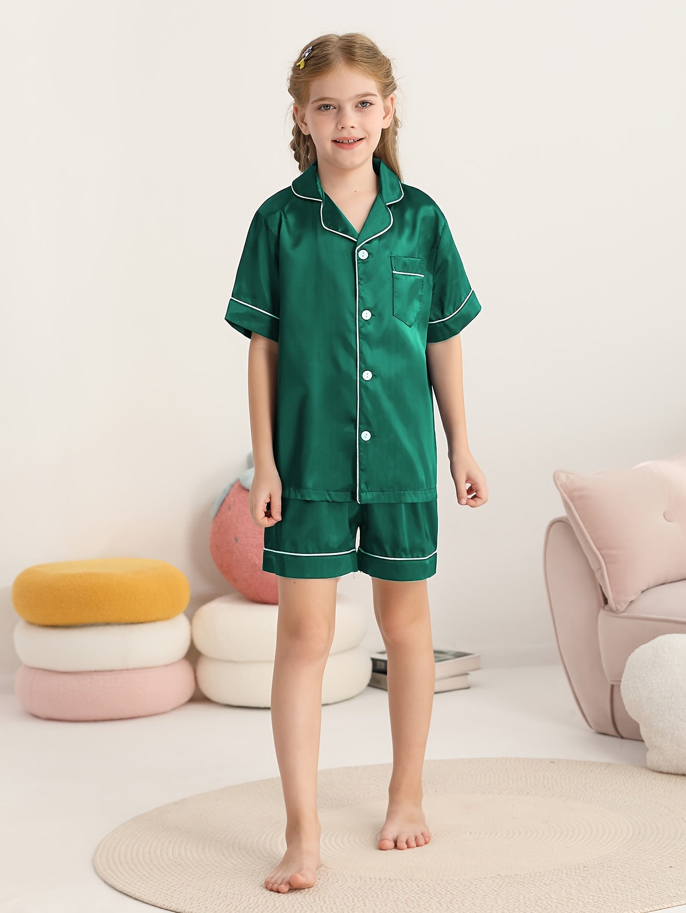 Girls Summer Outfit Solid Color T-Shirt Shorts Set 2pcs Clothes Set 4-14Y