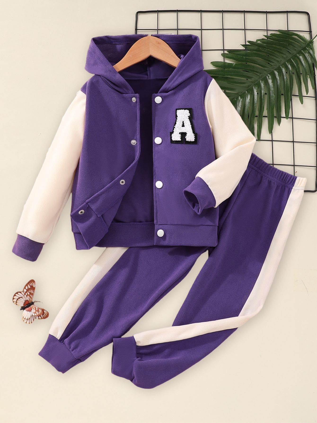 Girl's 2pcs Outfit: Purple & White Hooded Varsity Jacket with Letter "A" Patch & Corduroy Sweatpants