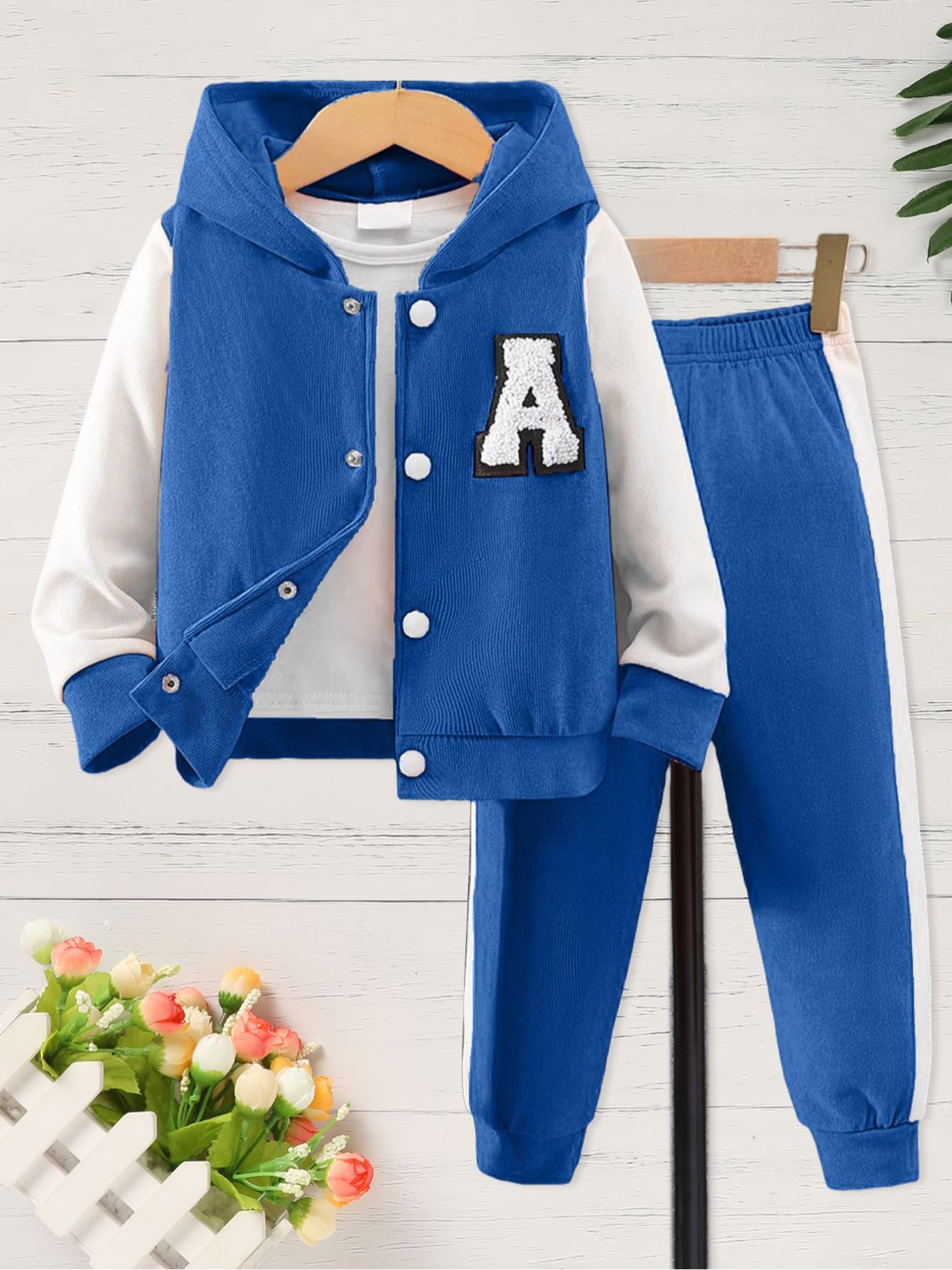Girl's 2pcs Outfit: Purple & White Hooded Varsity Jacket with Letter "A" Patch & Corduroy Sweatpants