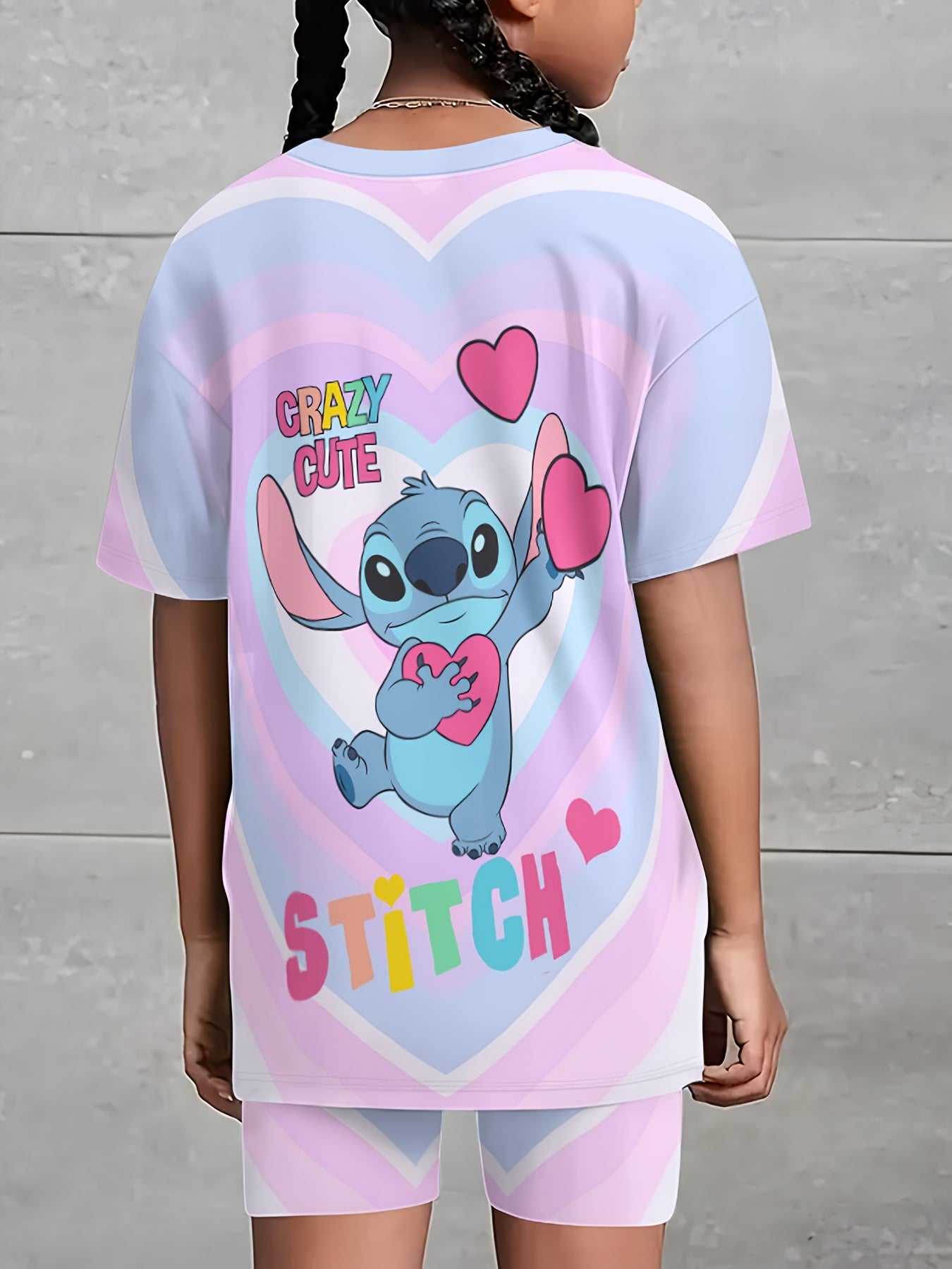 Stitch Girls Summer Suit Pink Cute Print Round Neck T Shirt and Shorts Set 2pcs Machine Washable Outdoor Sports Leisure