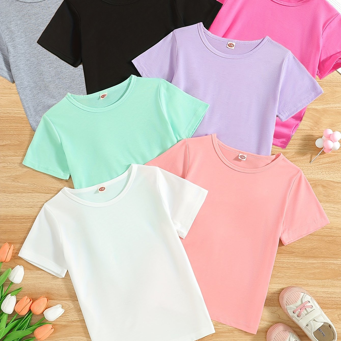 7-Piece Set of Girls' Solid Short-Sleeved T-Shirts