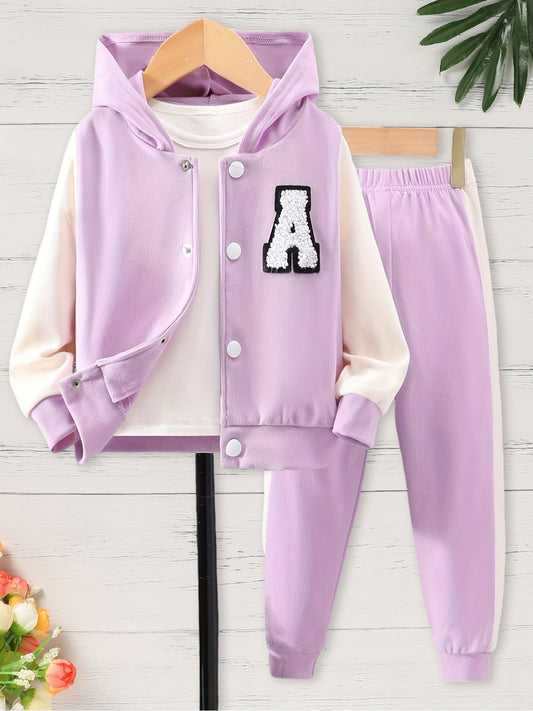 Girl's 2pcs Outfit: Purple & White Hooded Varsity Jacket with Letter "A" Patch & Corduroy Sweatpants