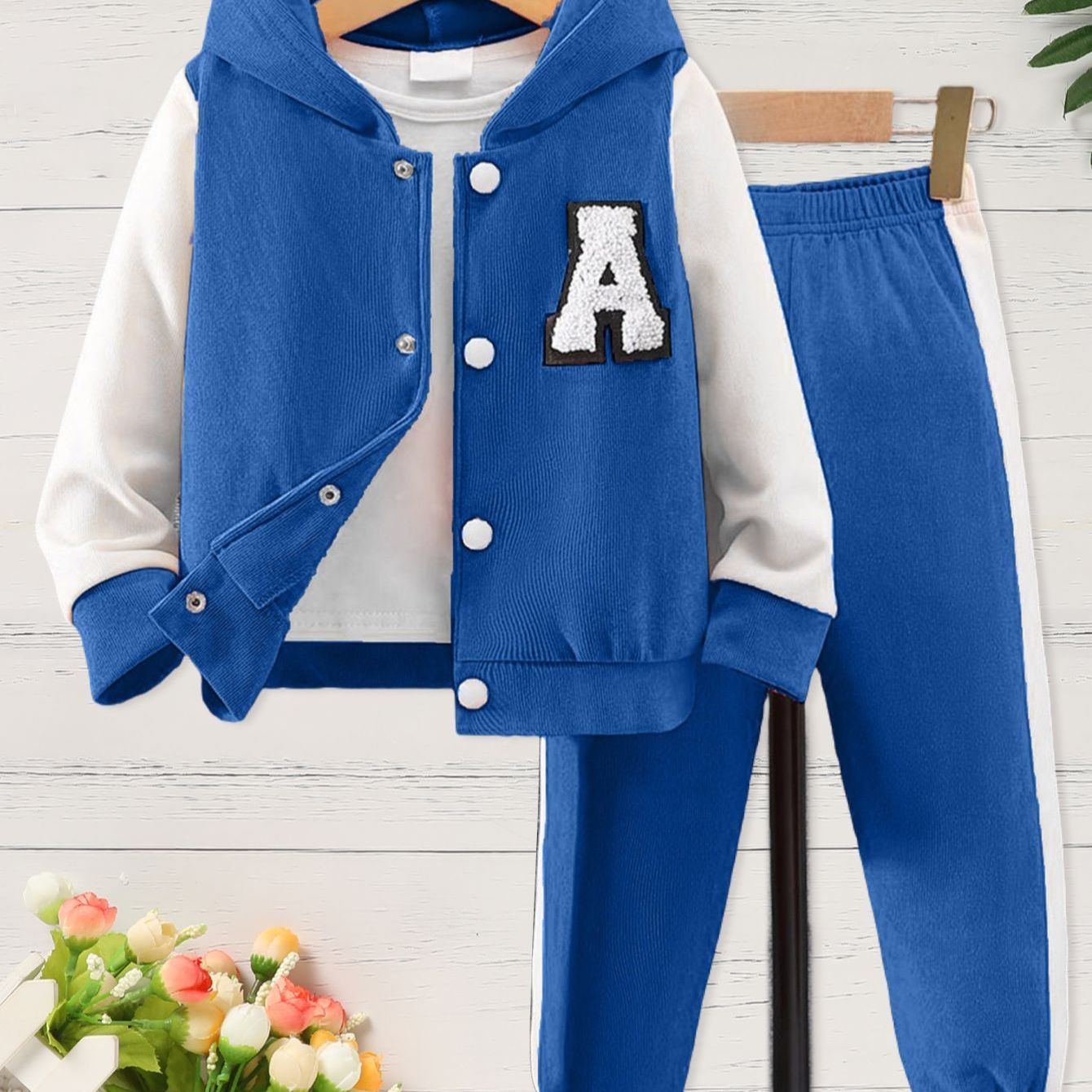 Girl's 2pcs Outfit: Purple & White Hooded Varsity Jacket with Letter "A" Patch & Corduroy Sweatpants