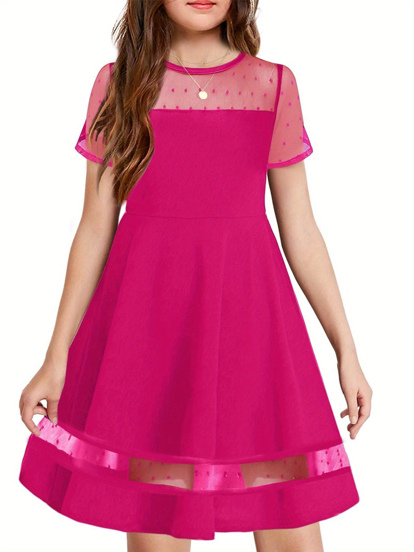 Tween Girls  Contrast Mesh Short Sleeve A Line Party Dresses with Pockets for 5-12 Years