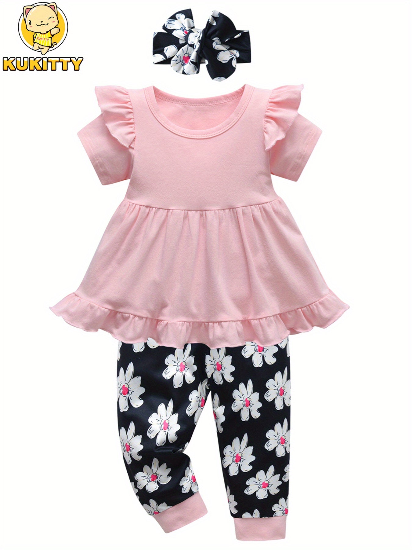 Kukitty 3pcs Toddler Girl Cute Clothes Set with Bow Headband